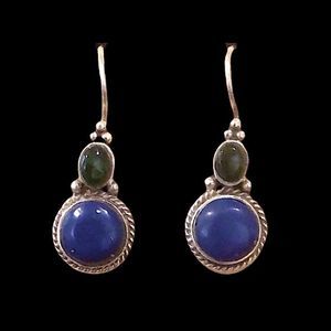 Vintage Green Agate Blue Lapis Lazuli Sterling Silver Drop Dangle Earrings